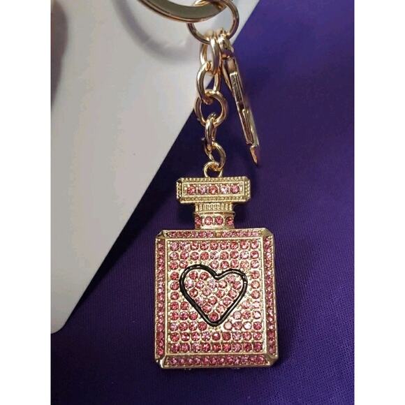 Mint Pink Perfume Bottle Rhinestone Purse Charm Key Ring Chain Gold Tone New - Picture 3 of 5